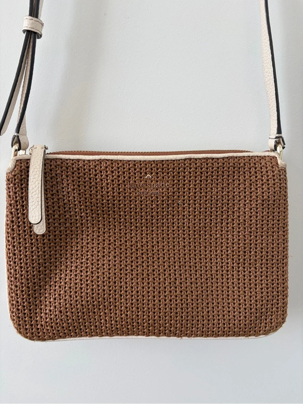 kate spade Brown Woven Crossbody with Cream Trim